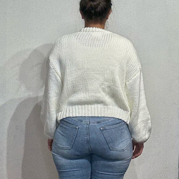 Luna Ivy White Smiley Face Chunky Knit Open Cardigan Sz M - Picture 9 of 11